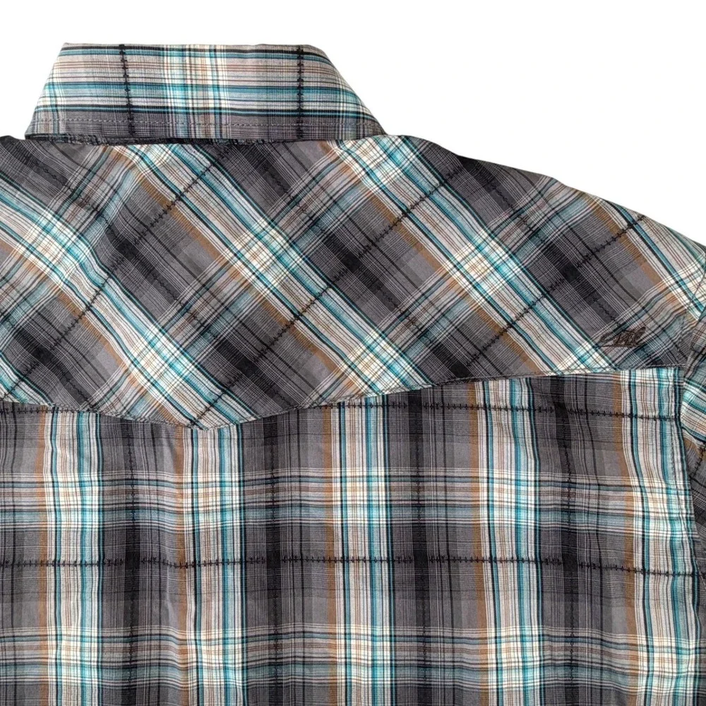 Coastal Mens XXL Short Sleeve‎ Western Plaid Pearl Snap Shirt Grey Teal Brown